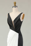Black and White Mermaid V Neck Ruched Formal Dress