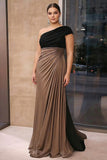 One Shoulder Black Brown Satin Ruched Sheath Plus Size Formal Dress