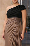 One Shoulder Black Brown Satin Ruched Sheath Plus Size Formal Dress