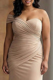 Light Khaki One Shoulder Ruched Sheath Plus Size Long Formal Dress