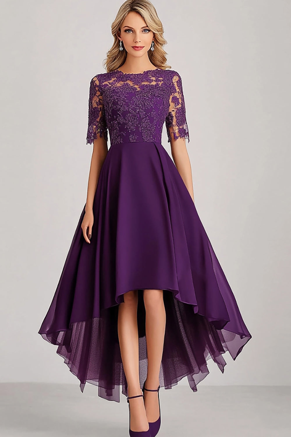 WEDTREND Women Purple Mother of the Bride Dress with Short Sleeves Lace A Line High Low Wedding Guest Dress Wedtrend UK WEDTREND Women Purple Mother of the Bride Dress with Short Sleeves Lace A Line High Low Wedding Guest Dress Wedtrend UK
