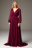 Burgundy V Neck Long Sleeve Chiffon Mother Of The Bride Dress