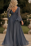 Dark Grey A Line Wrap Long Sleeves Ruffled Chiffon Mother of the Bride Dress