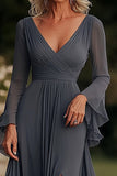 Dark Grey A Line Wrap Long Sleeves Ruffled Chiffon Mother of the Bride Dress
