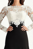 Elegant Black and White A Line Lace Long Sleeve Maxi Dress With Appliques