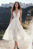 Flowy White A Line Deep V Neck Graduation Dress
