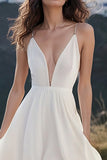 Flowy White A Line Deep V Neck Graduation Dress
