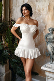 Off the Shoulder Ruffled Satin Pleated White Graduation Dress