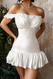 Off the Shoulder Ruffled Satin Pleated White Graduation Dress