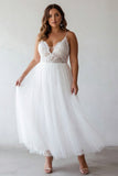 Lace White V-Neck Tulle A Line Plus Size Midi Holiday Dress