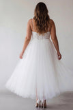 Lace White V-Neck Tulle A Line Plus Size Midi Holiday Dress