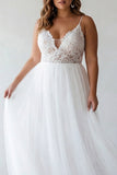 Lace White V-Neck Tulle A Line Plus Size Midi Holiday Dress