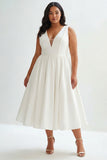White Satin A Line Plus Size Midi Engagement Dress