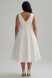 White Satin A Line Plus Size Midi Engagement Dress