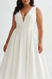 White Satin A Line Plus Size Midi Engagement Dress
