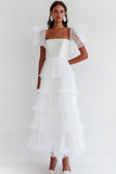White A Line Square Neck Ruffled Long Wedding Dress with Short Sleeves