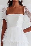 White A Line Square Neck Ruffled Long Wedding Dress with Short Sleeves
