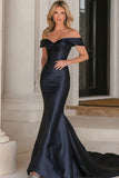 Elegant Navy Off the Shoulder Mermaid Satin Long Evening Dress