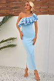 Sky Blue One Shoulder Ruffles Mermaid Long Formal Dress