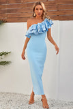 Sky Blue One Shoulder Ruffles Mermaid Long Formal Dress