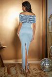 Mermaid Light Blue Off The Shoulder Ruched Satin Long Formal Dress