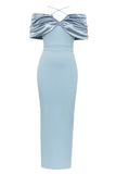 Mermaid Light Blue Off The Shoulder Ruched Satin Long Formal Dress