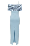 Mermaid Light Blue Off The Shoulder Ruched Satin Long Formal Dress