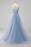 Green Tulle A Line Sequins Long Prom Dress with Lace up Back