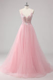 Green Tulle A Line Sequins Long Prom Dress with Lace up Back