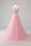 Green Tulle A Line Sequins Long Prom Dress with Lace up Back