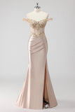 Sparkly Champagne Off the Shoulder Ruched Corset Appliqued Prom Dress with Slit