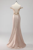 Sparkly Champagne Off the Shoulder Ruched Corset Appliqued Prom Dress with Slit