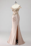 Sparkly Champagne Off the Shoulder Ruched Corset Appliqued Prom Dress with Slit
