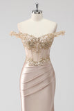Sparkly Champagne Off the Shoulder Ruched Corset Appliqued Prom Dress with Slit