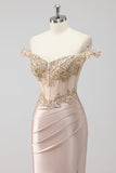 Sparkly Champagne Off the Shoulder Ruched Corset Appliqued Prom Dress with Slit