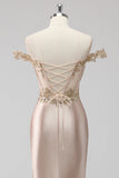 Sparkly Champagne Off the Shoulder Ruched Corset Appliqued Prom Dress with Slit