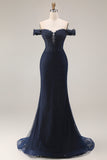 Navy Mermaid Off the Shoulder Appliqued Long Prom Dress with Beadings