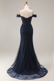 Navy Mermaid Off the Shoulder Appliqued Long Prom Dress with Beadings