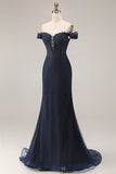 Navy Mermaid Off the Shoulder Appliqued Long Prom Dress with Beadings