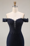 Navy Mermaid Off the Shoulder Appliqued Long Prom Dress with Beadings