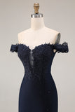 Navy Mermaid Off the Shoulder Appliqued Long Prom Dress with Beadings