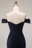 Navy Mermaid Off the Shoulder Appliqued Long Prom Dress with Beadings
