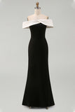 Matte Satin Off the Shoulder Black Column Formal Dress