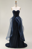 Navy Strapless Ruched A Line Prom Dress with Ruffles