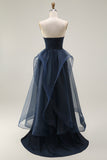 Navy Strapless Ruched A Line Prom Dress with Ruffles