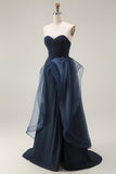 Navy Strapless Ruched A Line Prom Dress with Ruffles