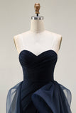 Navy Strapless Ruched A Line Prom Dress with Ruffles