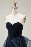 Navy Strapless Ruched A Line Prom Dress with Ruffles