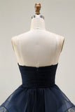 Navy Strapless Ruched A Line Prom Dress with Ruffles
