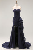 Navy Strapless High Low Prom Dress with Ruffles